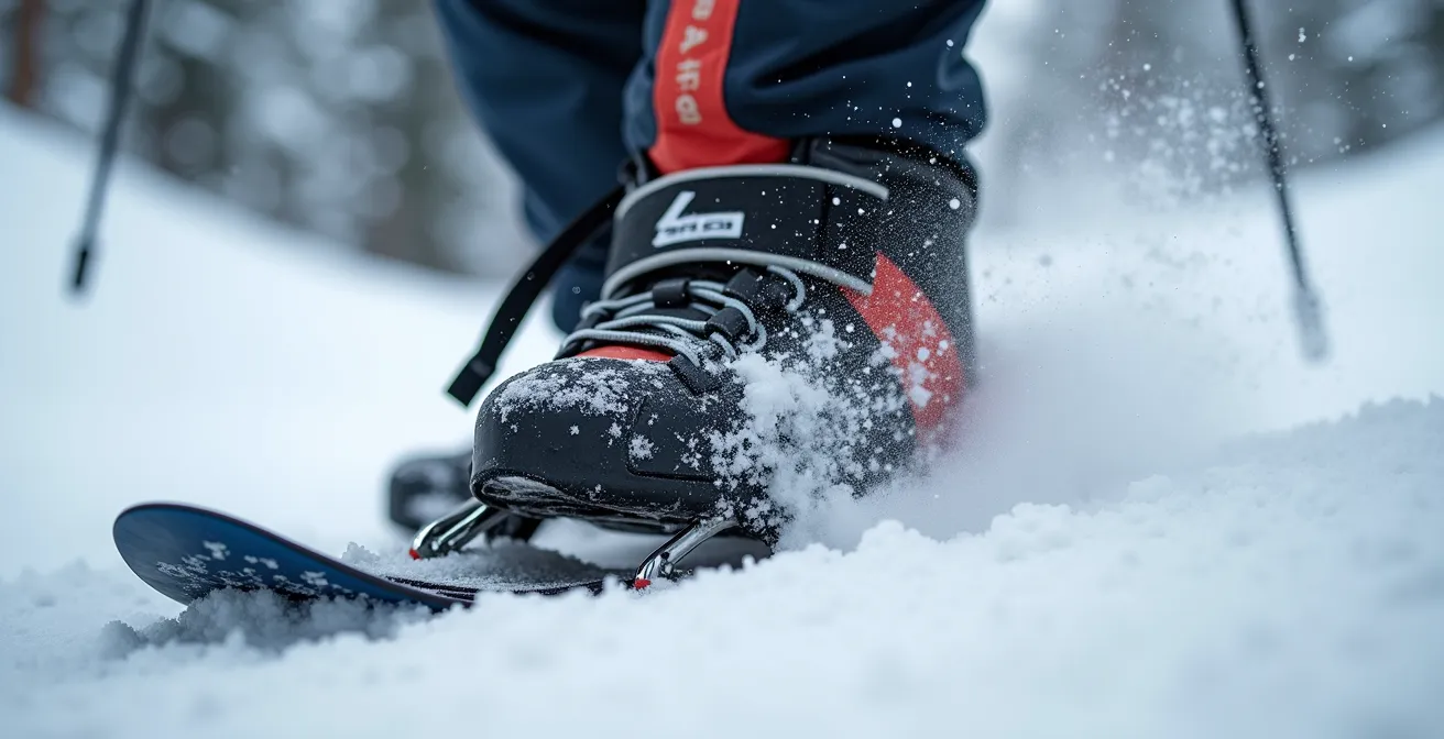 Gros plan sur mécanisme de cale activé sur raquette en montée