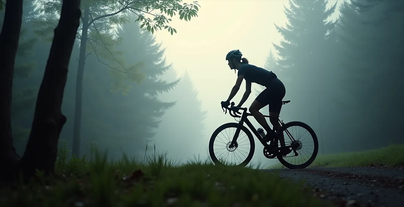 Vue latérale d'un cycliste vérifiant la hauteur de selle avec la méthode du talon