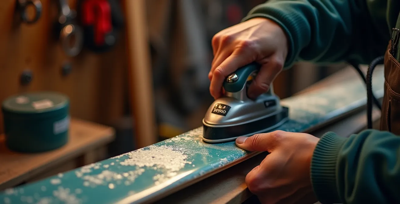 Application du fart à chaud sur semelle de ski avec fer spécialisé