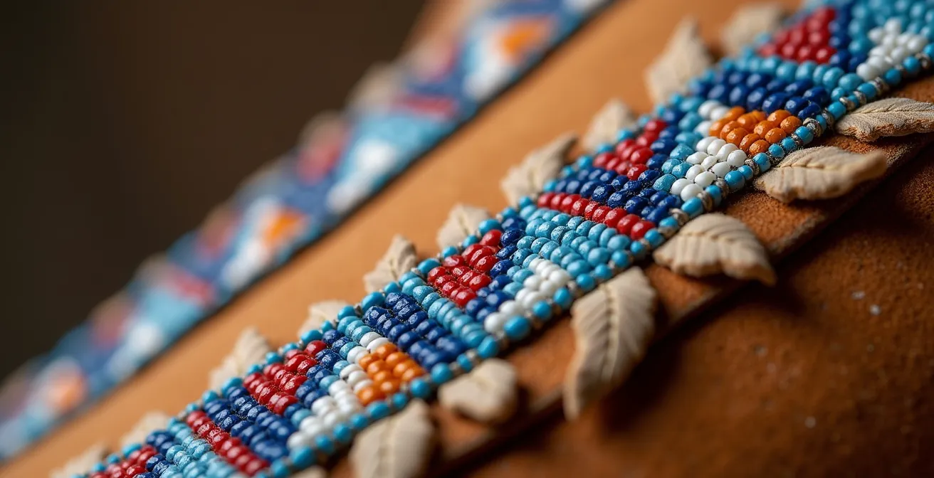 Détail macro de perles traditionnelles sur mocassin atikamekw fait main