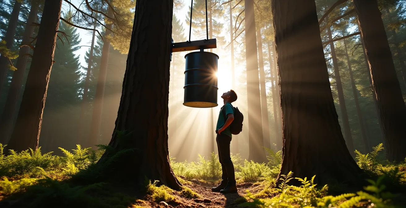 Vue en contre-plongée d'un baril anti-ours suspendu entre deux arbres dans une forêt québécoise