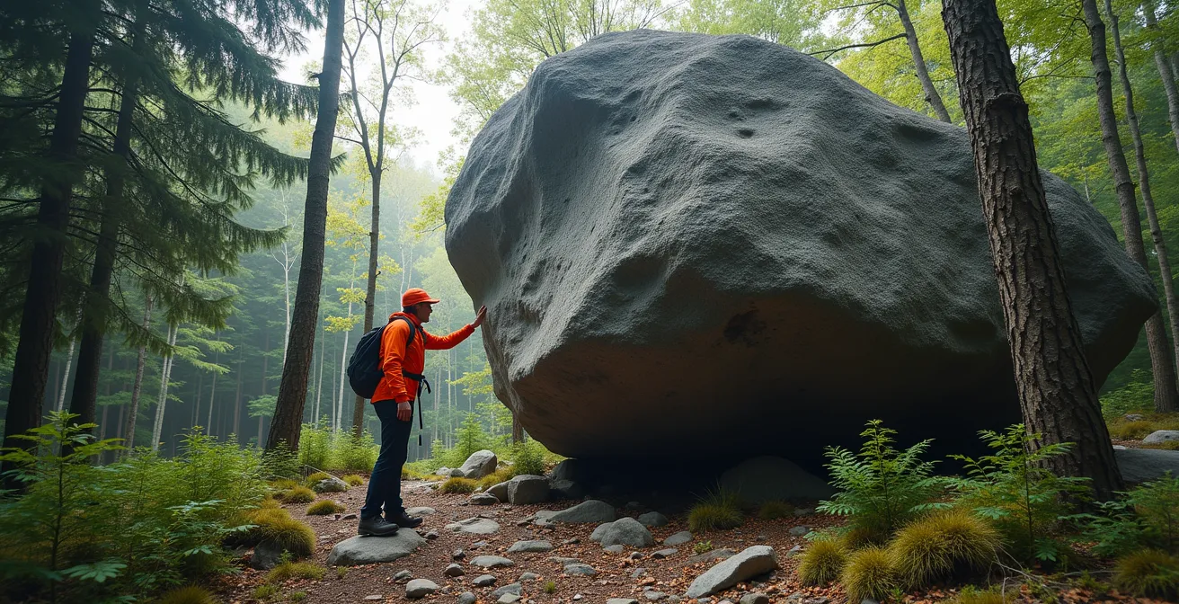 Énorme rocher isolé reposant sur le sol forestier du Québec, vestige du passage des glaciers