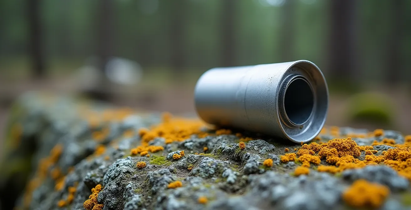Gros plan sur une boîte à déchets portative posée sur le roc du Bouclier Canadien avec forêt boréale en arrière-plan
