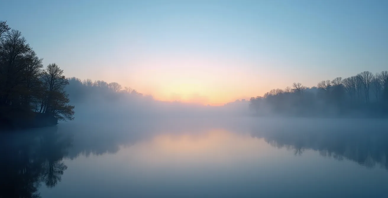 Brume matinale s'élevant du fleuve Saint-Laurent avec silhouettes d'arbres en automne