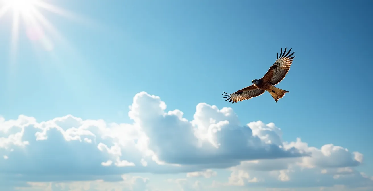 Buse à queue rousse planant sur les thermiques d'été au-dessus d'un lac québécois