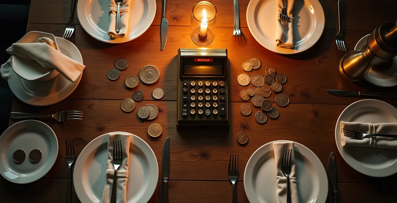Table élégante avec addition discrète et calculatrice vintage sur nappe en lin