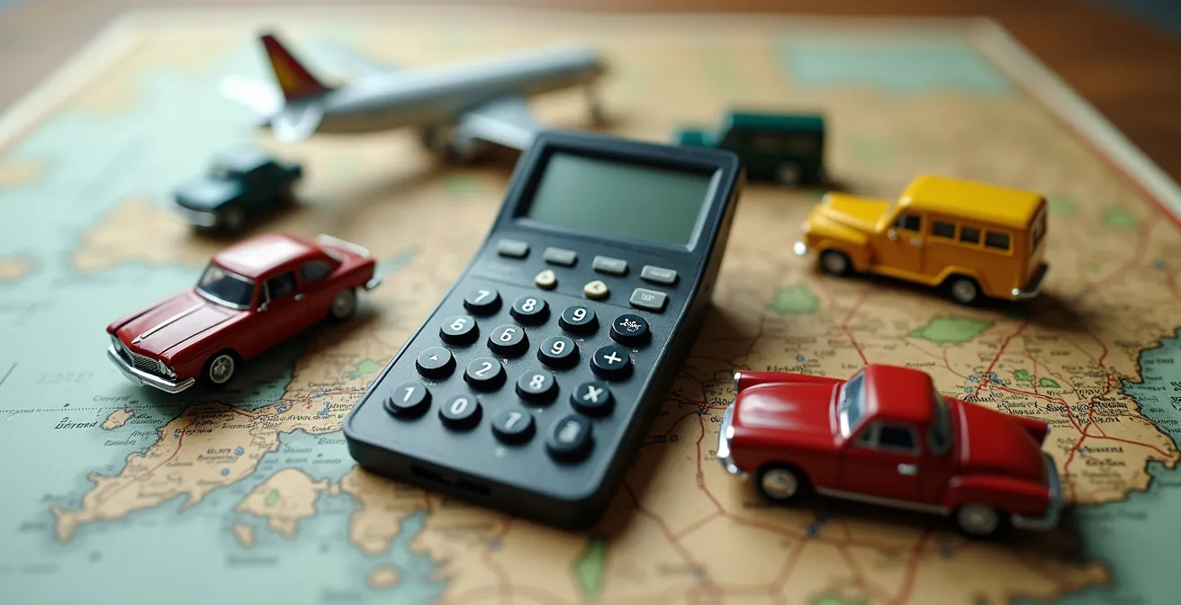 Calculatrice vintage entourée de miniatures d'avion et de voiture sur une carte du Québec
