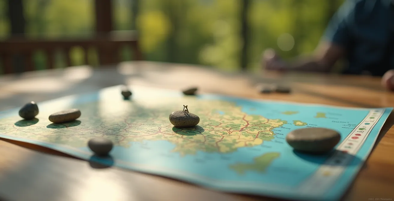 Vue macro d'une carte de camping avec annotations visuelles montrant les zones à éviter et les emplacements privilégiés