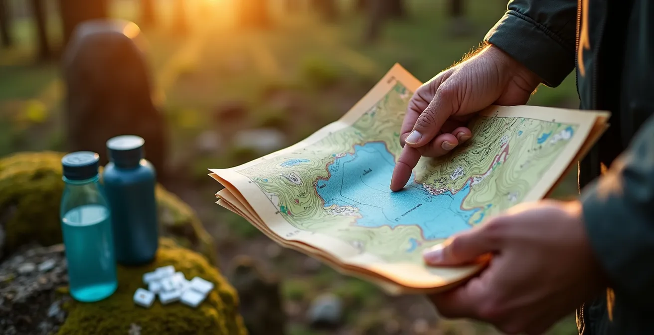 Mains tenant une carte topographique annotée avec sources d'eau fiables marquées en forêt québécoise