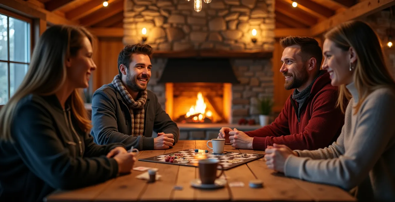 Groupe d'amis jouant aux jeux de société dans un salon chaleureux de chalet québécois