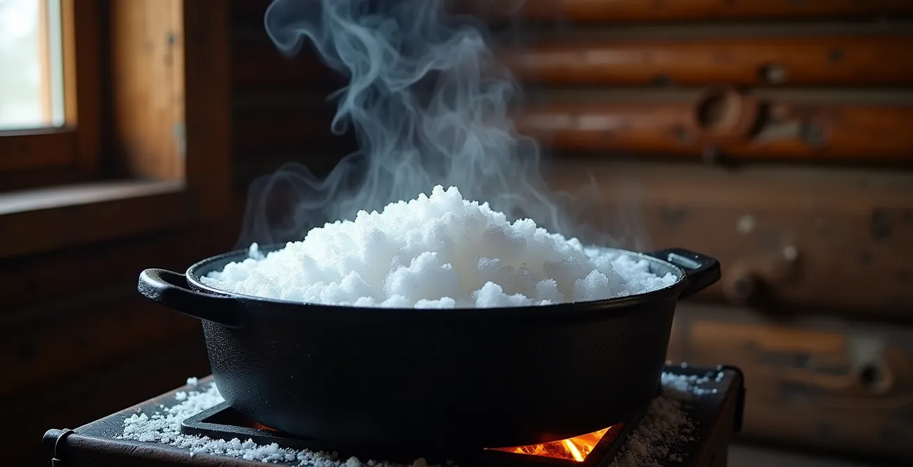 Chaudron en fonte rempli de neige sur un poêle à bois avec vapeur s'élevant doucement