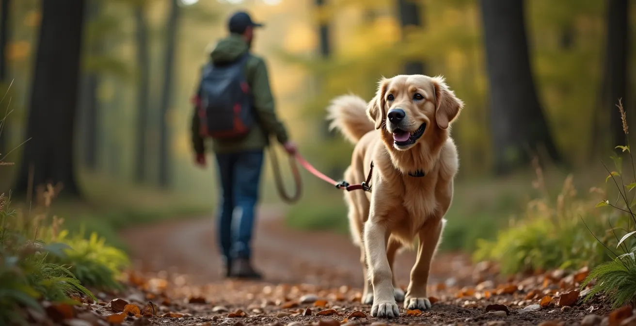 Randonneur avec chien en laisse sur sentier forestier autorisé