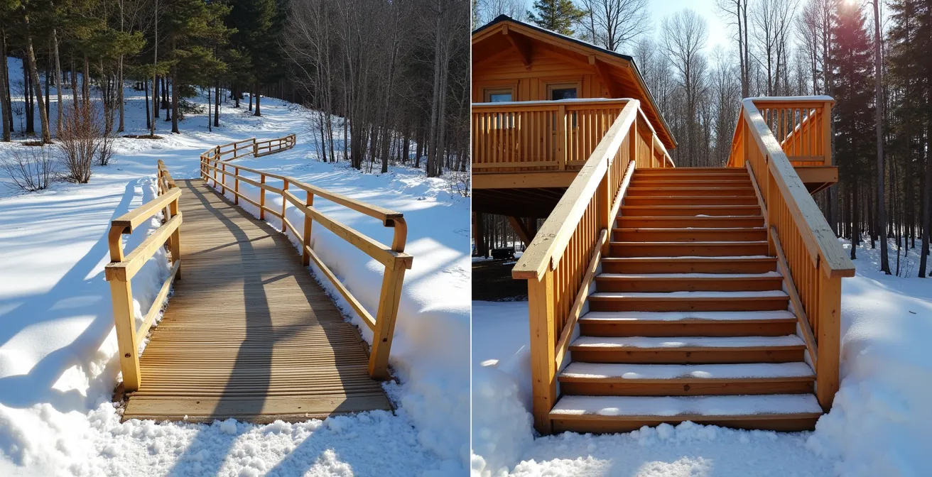 Comparaison côte à côte d'une rampe d'accès douce et d'un escalier avec paliers de repos pour cabane perchée