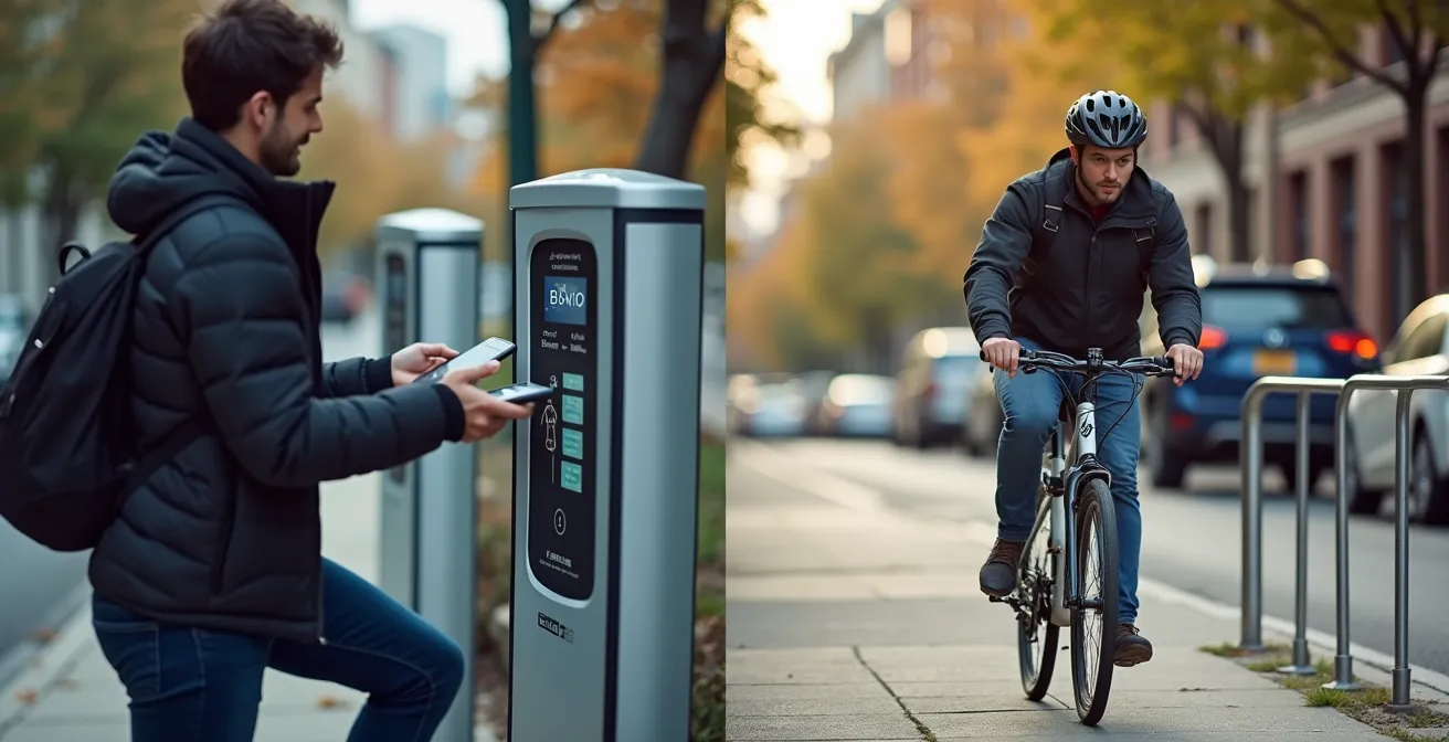 Station BIXI animée au centre-ville de Montréal avec cycliste déverrouillant un vélo