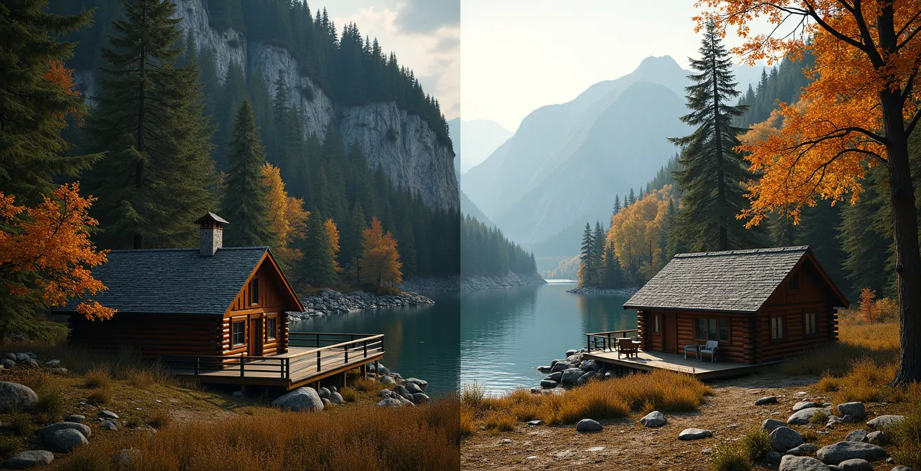 Vue aérienne montrant deux chalets distincts dans leurs environnements naturels respectifs au Québec