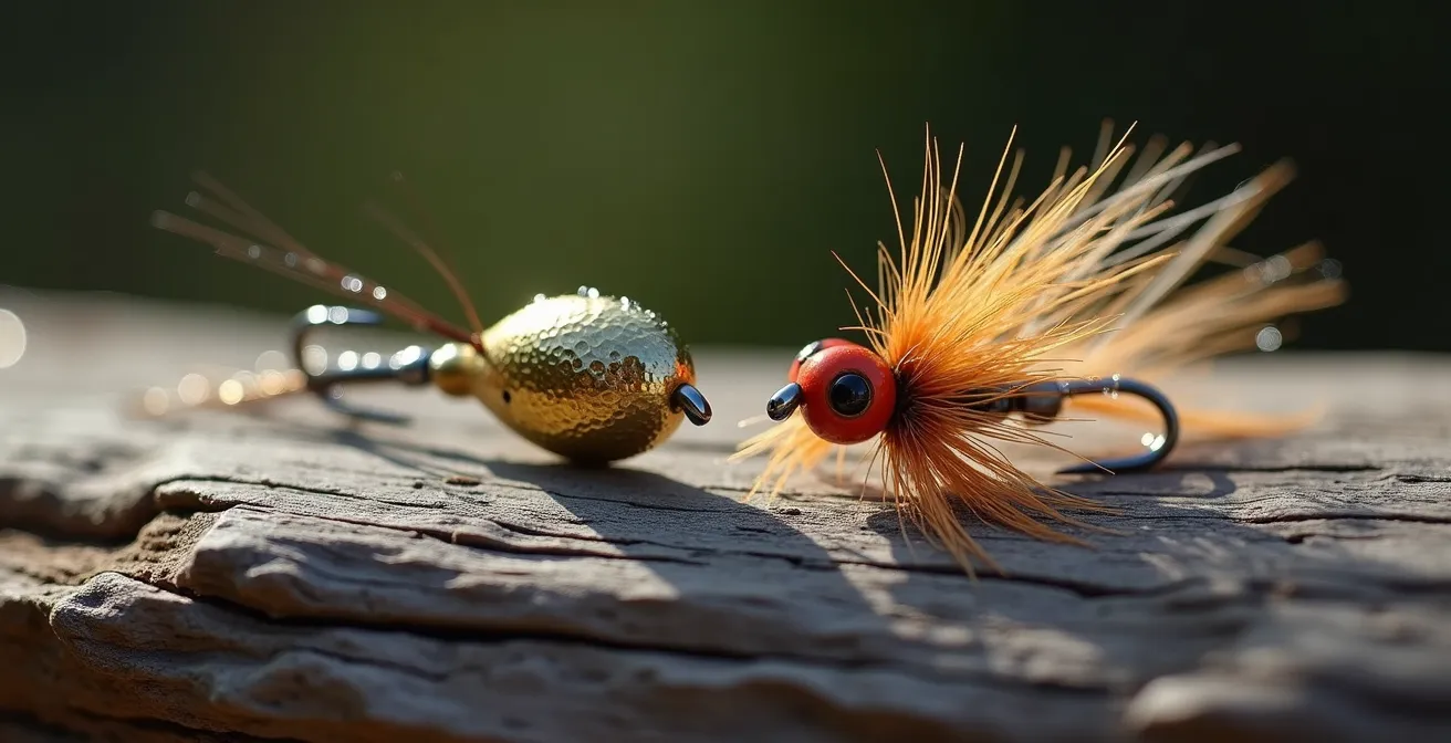Vue macro comparative d'une cuillère métallique et d'une mouche artificielle pour la pêche à la truite