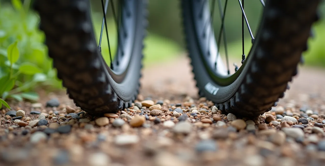 Gros plan sur différents types de pneus de vélo sur surface en poussière de roche