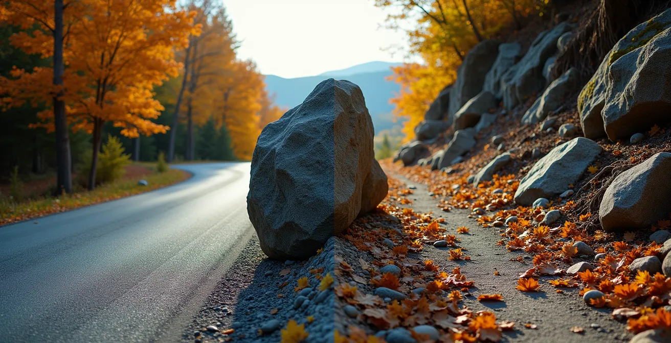 Contraste visuel entre une route asphaltée serpentant vers un sommet et un sentier de randonnée rocailleux à travers la forêt