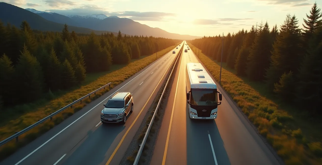 Vue aérienne d'une autoroute québécoise avec un VUS solitaire contrastant avec un autobus rempli
