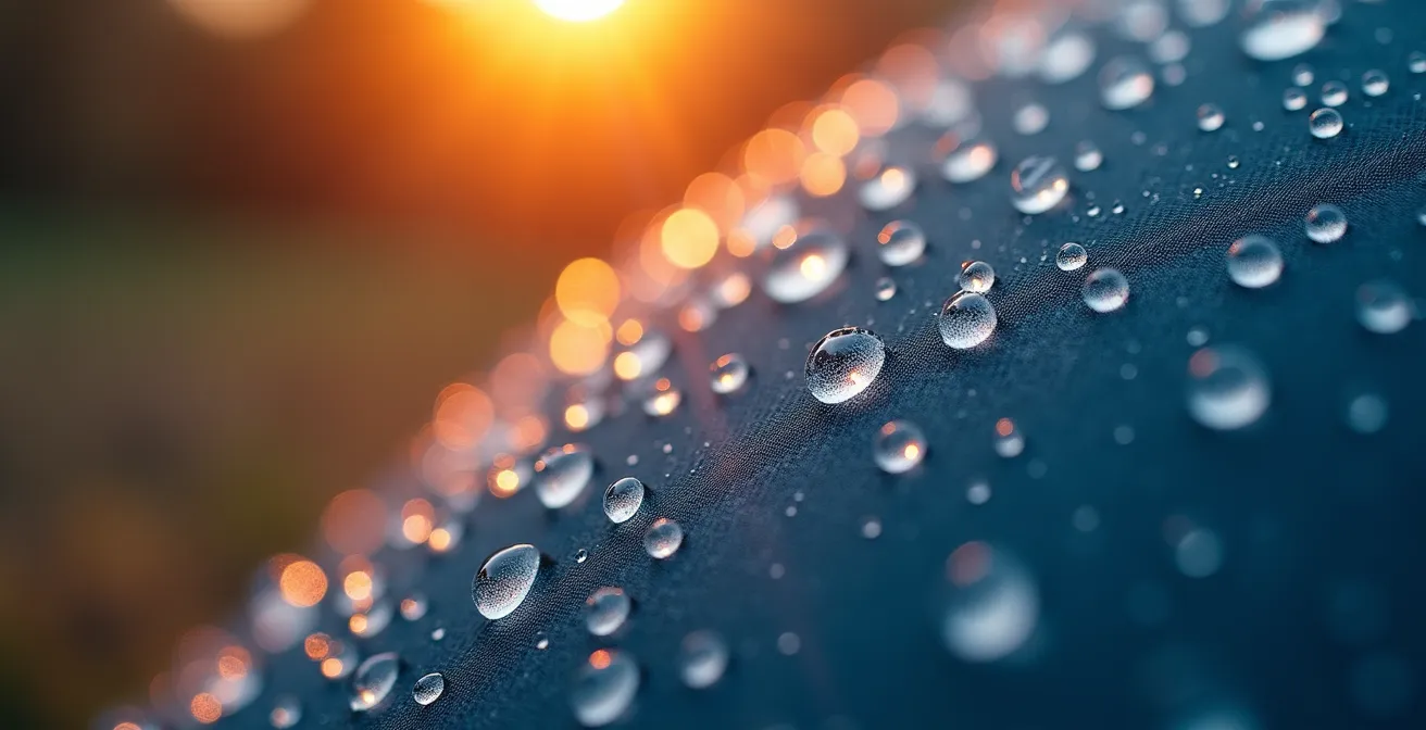 Gouttelettes de condensation sur la toile intérieure d'une tente au petit matin québécois