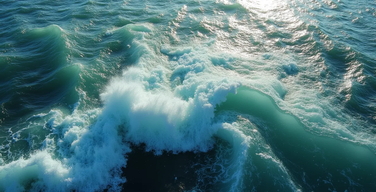 Vue aérienne de l'embouchure du Saguenay à Tadoussac montrant la rencontre des courants avec vagues stationnaires et tourbillons visibles