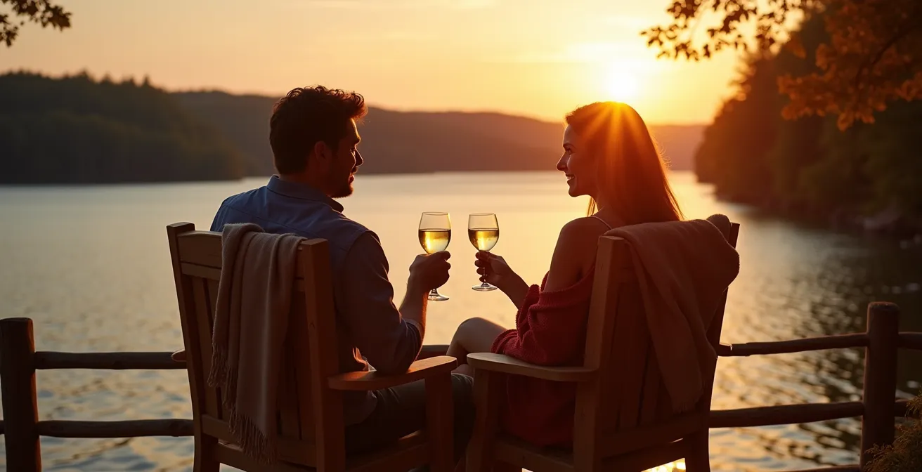 Couple relaxant sur la terrasse d'un hébergement prêt-à-camper avec vue sur un lac québécois au coucher du soleil