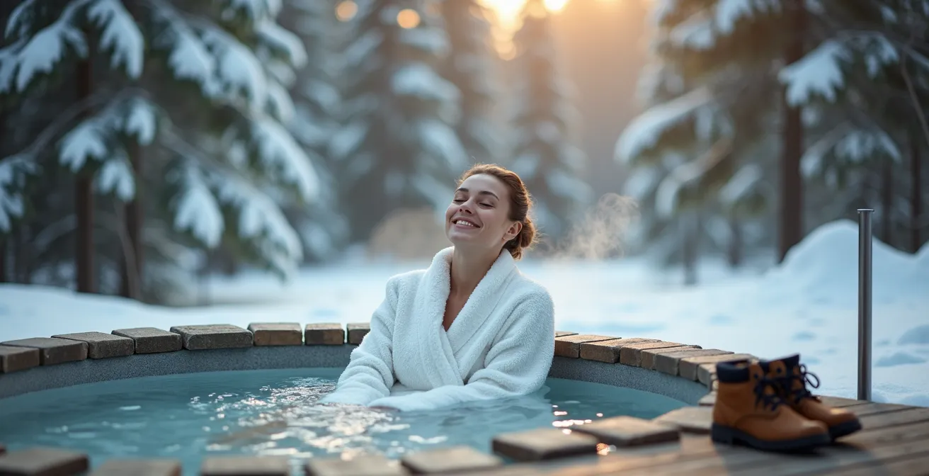 Personne en peignoir relaxant dans un bain nordique extérieur en forêt après une journée d'activités