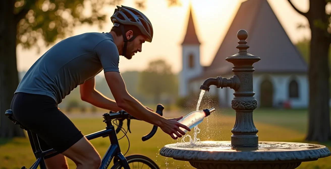 Cycliste remplissant son bidon à une fontaine d'eau dans un parc québécois