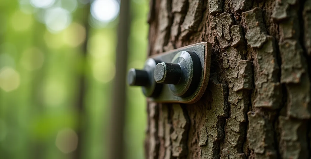Gros plan sur un système de fixation dynamique permettant à l'arbre de croître sans être blessé