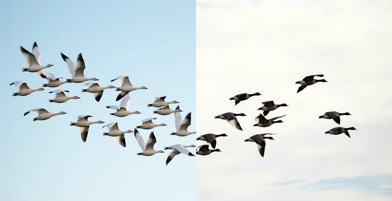 Comparaison visuelle entre une formation d'oies des neiges et de bernaches du Canada en vol