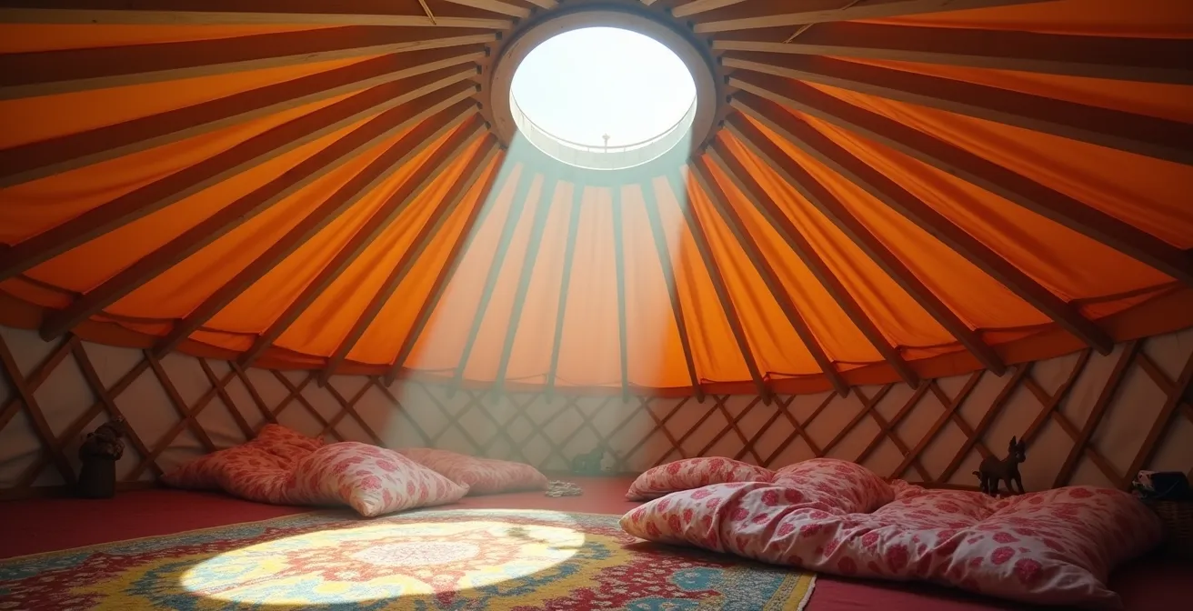 Vue intérieure d'une yourte au lever du soleil avec lumière traversant le dôme zénithal