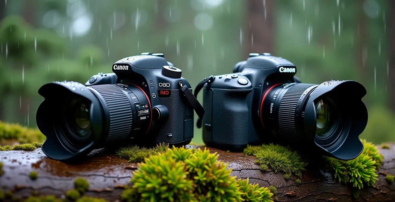 Matériel photographique protégé par housses étanches dans environnement forestier humide
