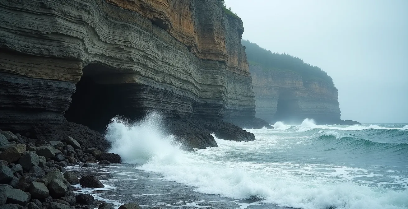 Falaises érodées du Rocher Percé avec vagues déferlantes au pied des formations rocheuses