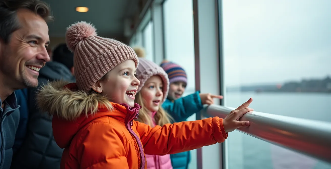Famille avec enfants observant les baleines depuis le pont couvert d'un navire