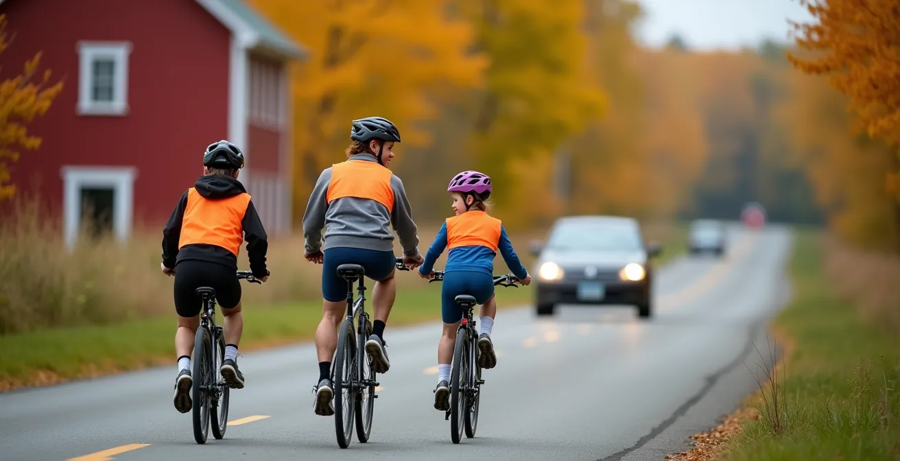Famille circulant à vélo en file indienne sur une route de campagne québécoise