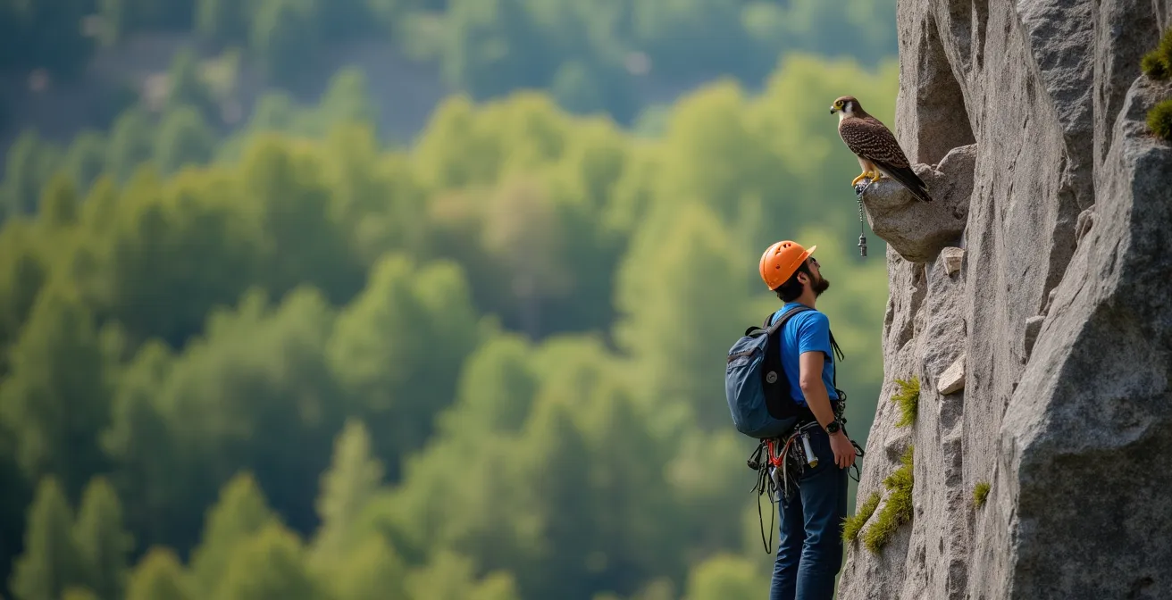Faucon pèlerin nichant sur une vire de falaise d'escalade au printemps