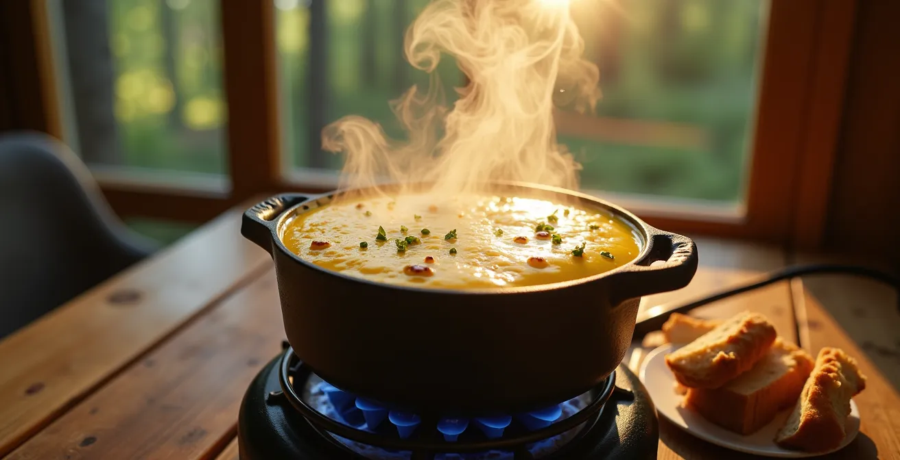 Gros plan sur une fondue au fromage fumante sur réchaud de camping avec pain et légumes