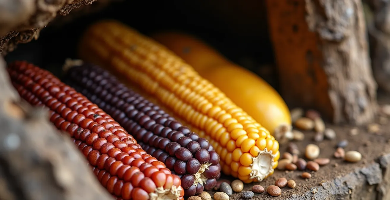 Vue macro de maïs, courges et haricots séchés dans une cache souterraine tapissée d'écorce