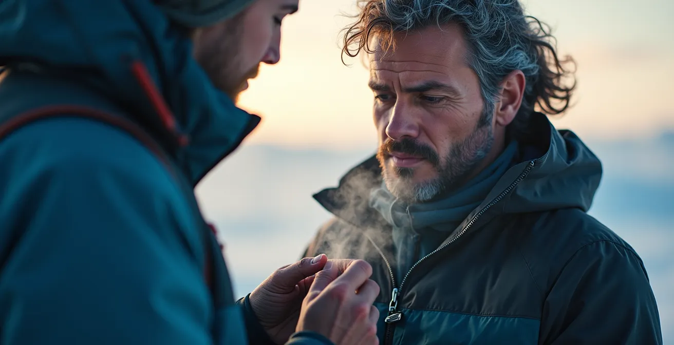 Randonneur ajustant ses couches vestimentaires dans un paysage arctique venteux