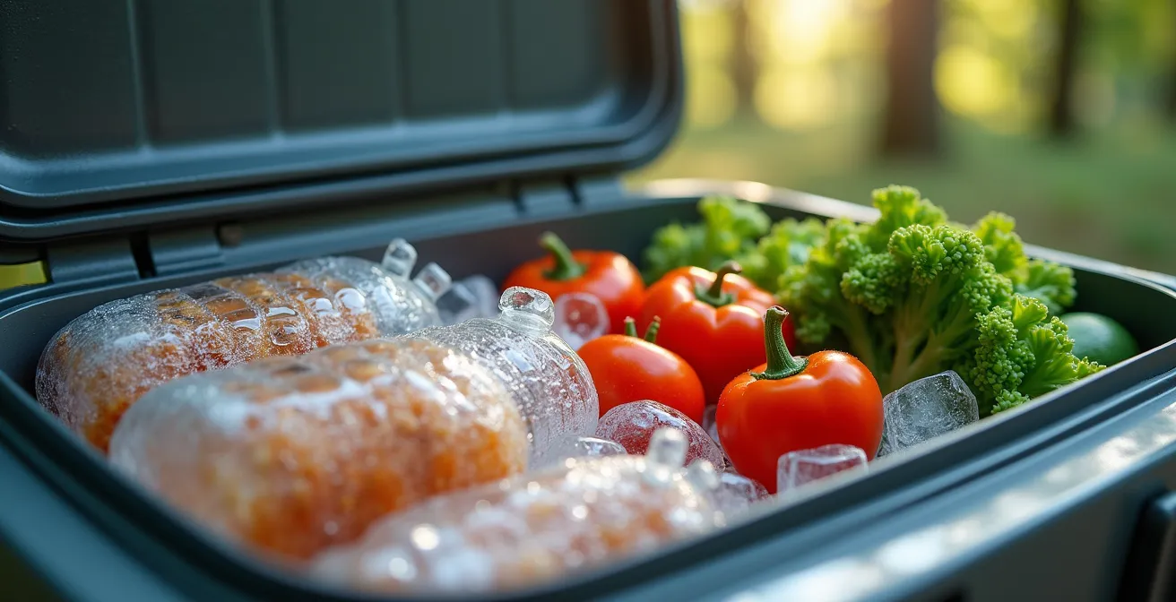 Vue macro d'une glacière de camping organisée avec glace et aliments empilés par couches