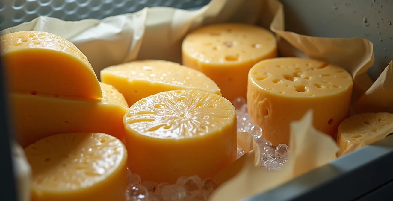 Glacière électrique ouverte contenant des fromages québécois emballés dans du papier ciré