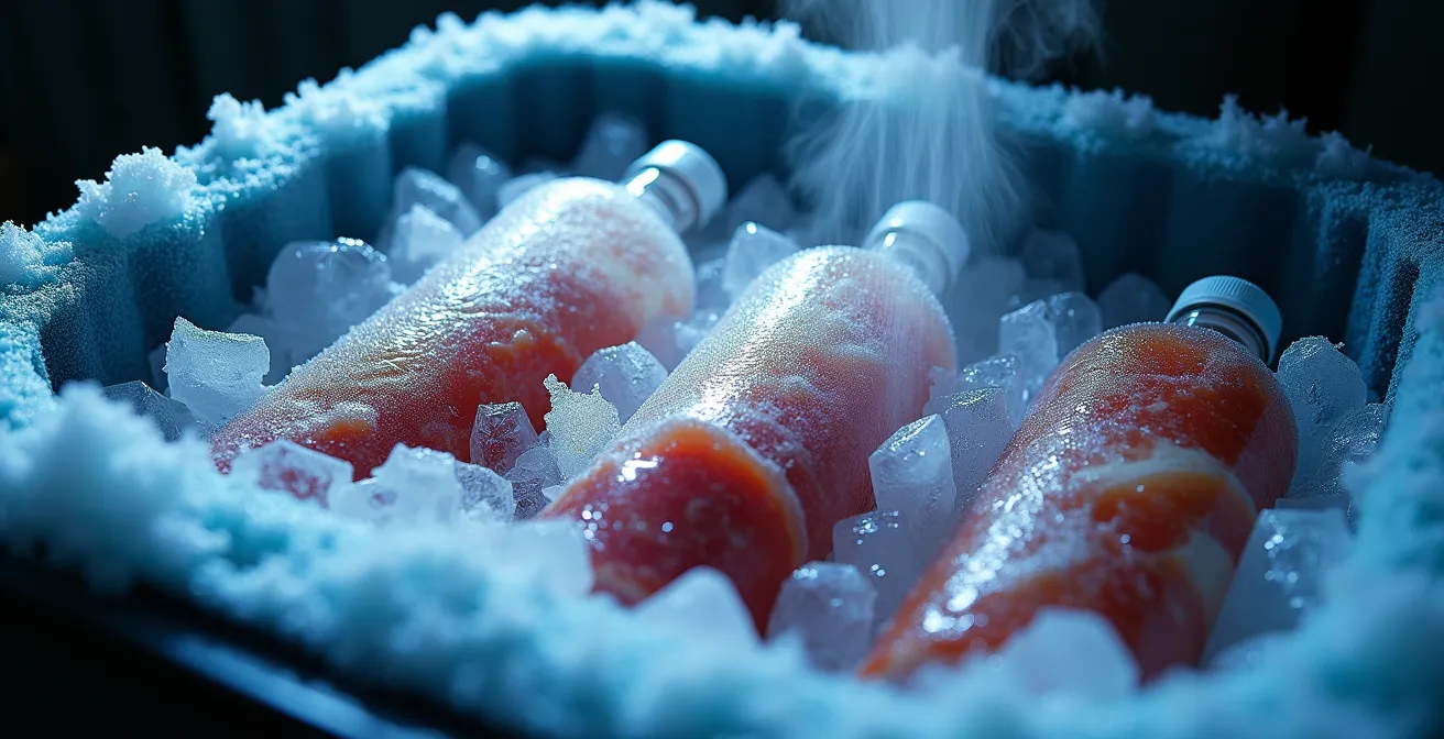 Vue en coupe d'une glacière passive organisée en couches avec blocs de glace et aliments compartimentés