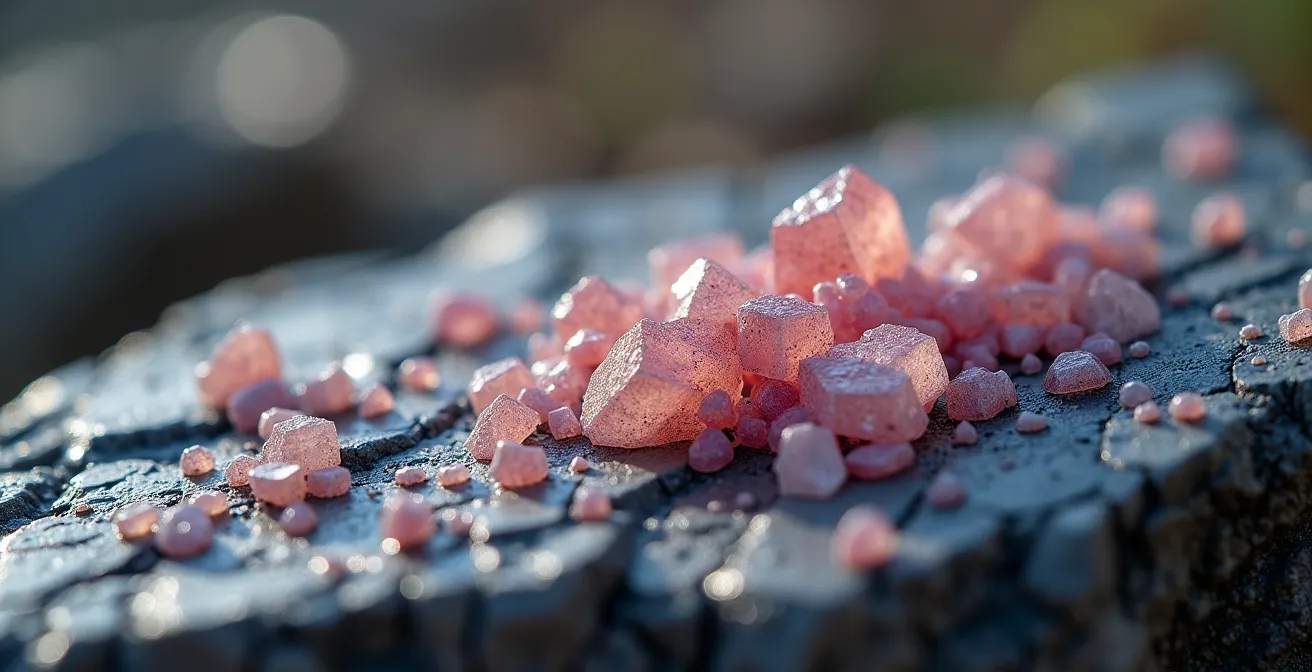 Détail macro d'une texture de granite gris-rose typique des Appalaches québécoises avec ses cristaux de quartz et feldspath visibles