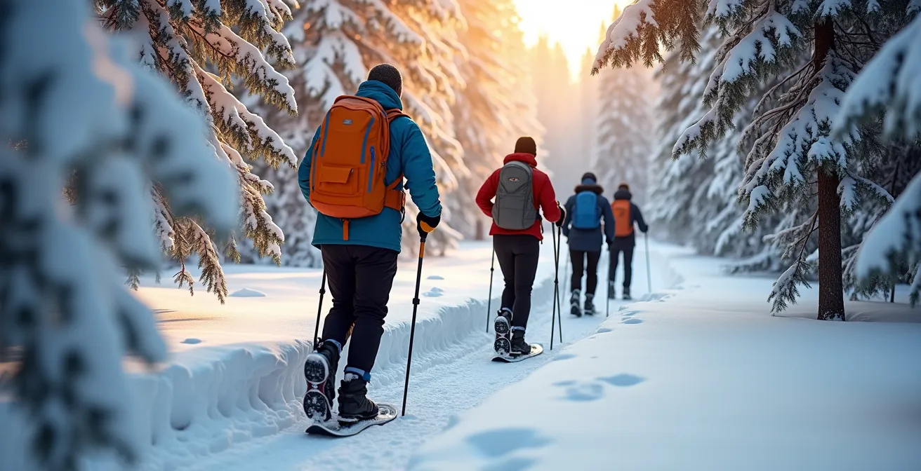 File de randonneurs en raquettes se relayant dans la neige profonde