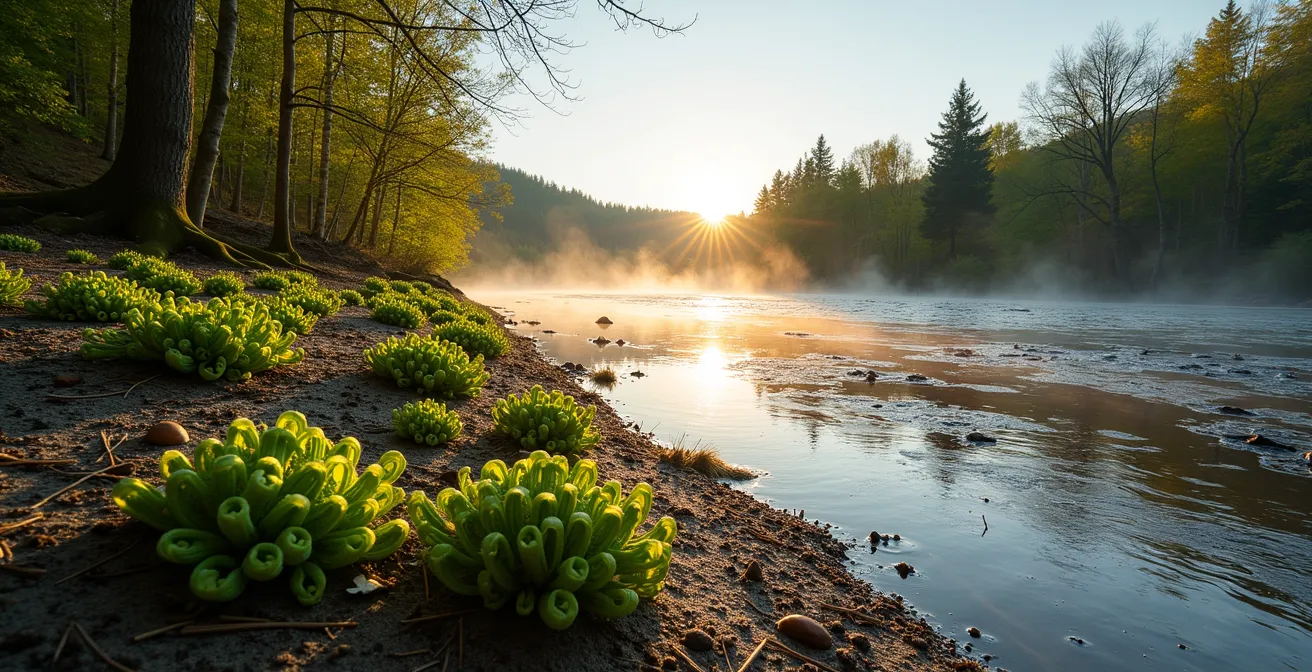 Habitat typique des têtes de violon le long d'une rivière québécoise au printemps