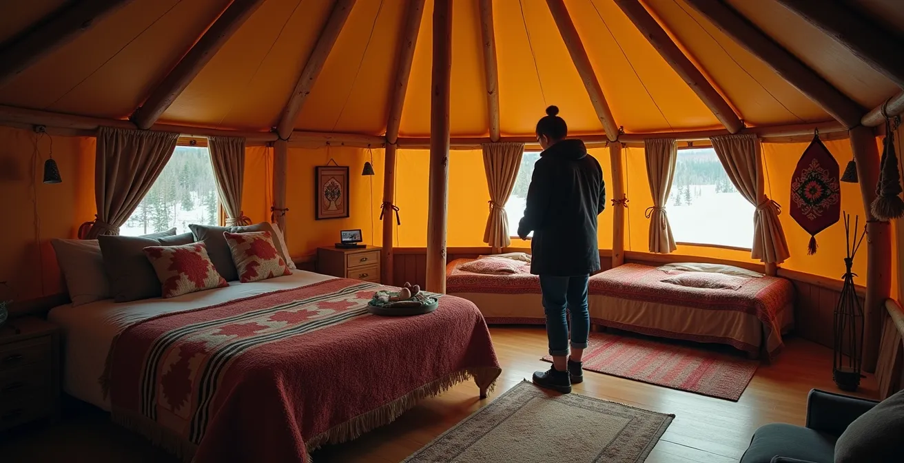 Vue intérieure d'un shaputuan innu moderne aménagé pour l'hébergement touristique avec confort contemporain