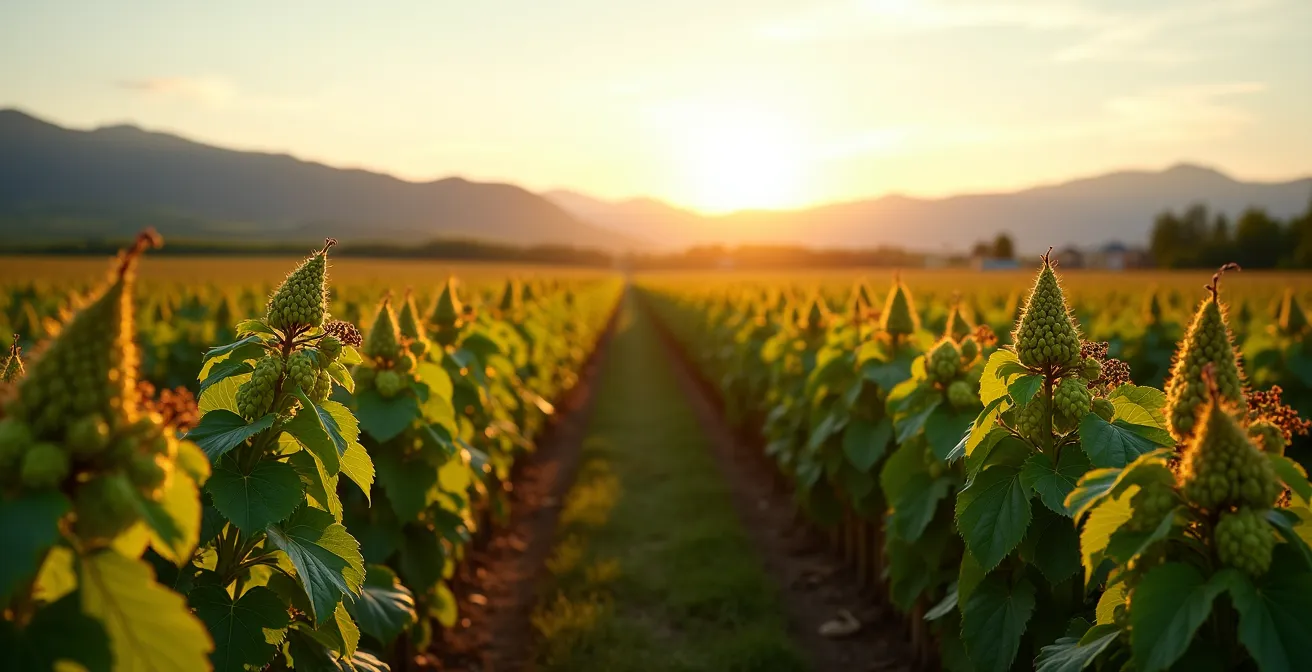 Vue aérienne d'une houblonnière québécoise avec rangées de plants