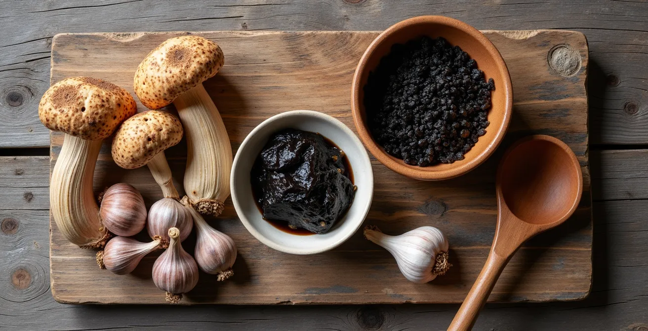 Arrangement d'ingrédients québécois riches en umami sur une planche de bois rustique