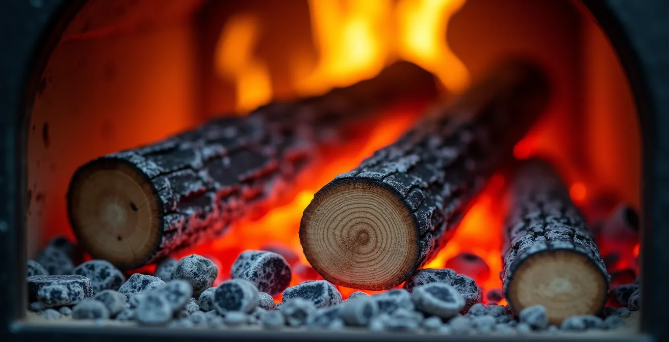 Gros plan sur les braises incandescentes dans un poêle à bois avec bûches d'érable en combustion