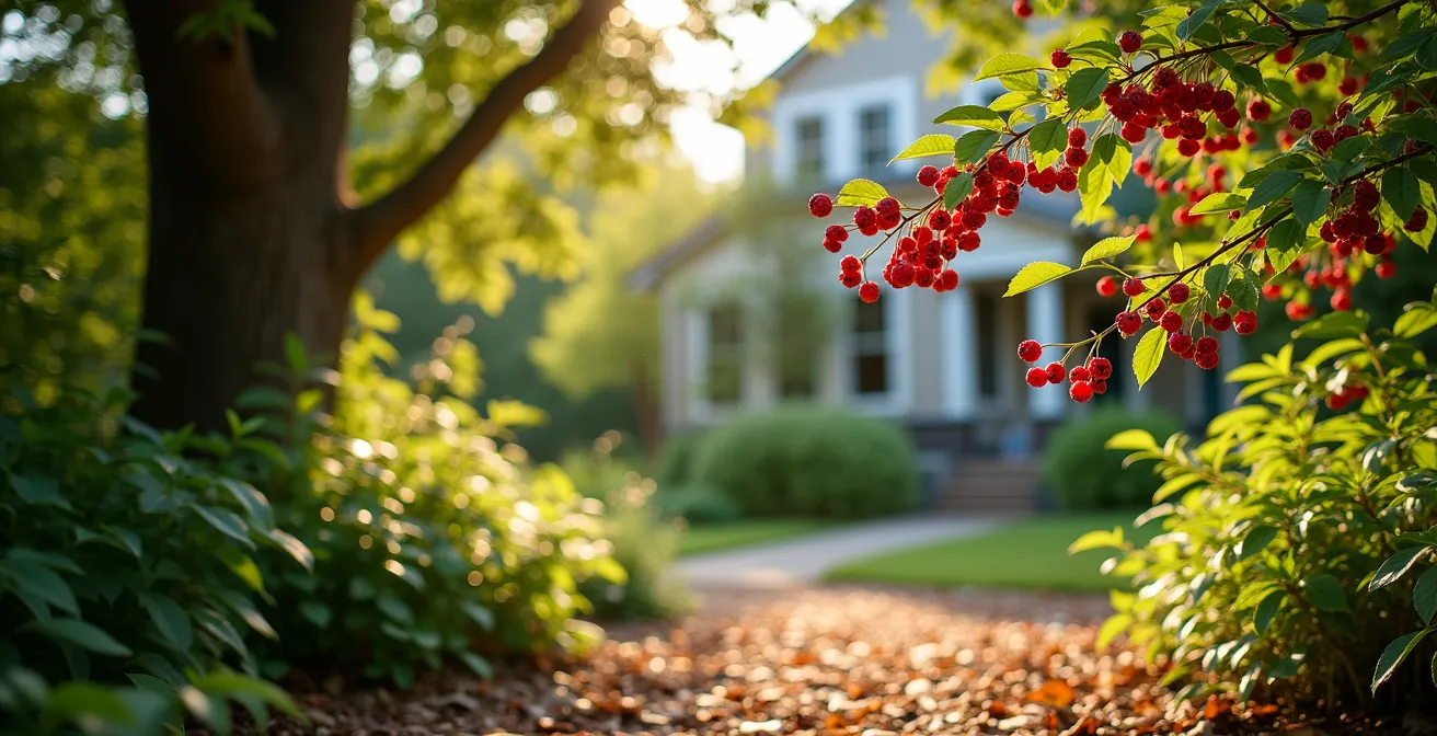 Jardin naturel québécois avec sorbier d'Amérique et amélanchier attirant les oiseaux